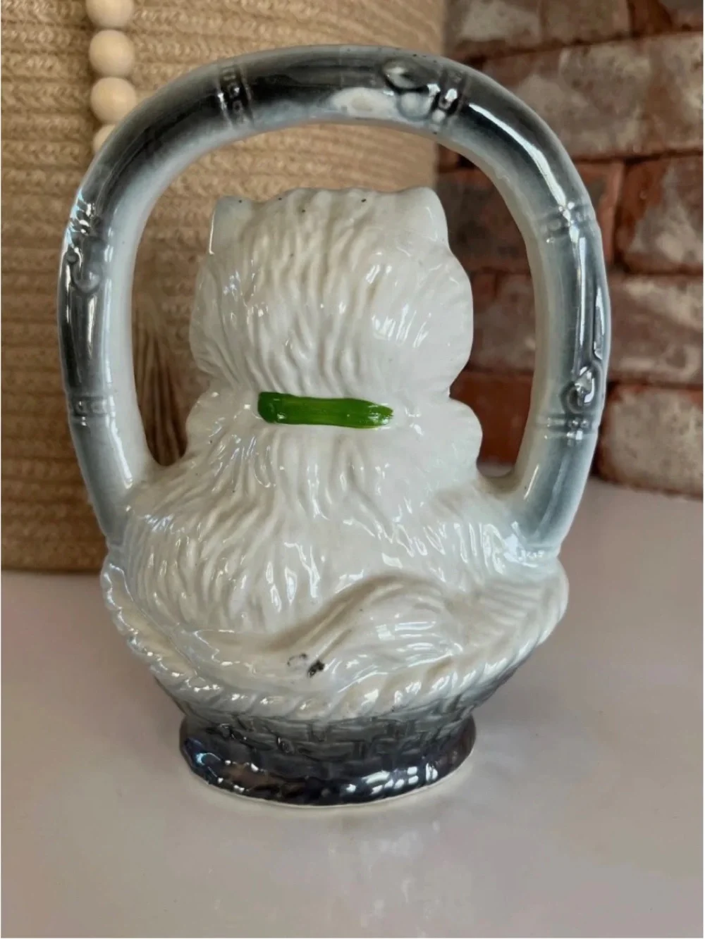 Vintage 1950’s Japan White Ceramic Cat Figurine with Green Bow and Silver Handle